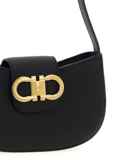 Ferragamo Gabry Hammered Leather Shoulder Bag in Black