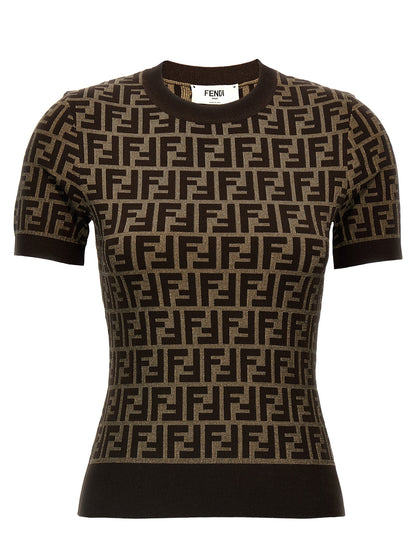 Cardigan Fendi De Algodón Marrón - Acabado Jacquard Sutil