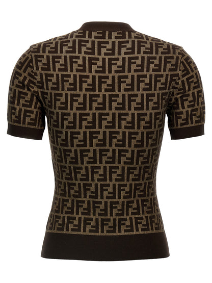 Cardigan Fendi De Algodón Marrón - Acabado Jacquard Sutil
