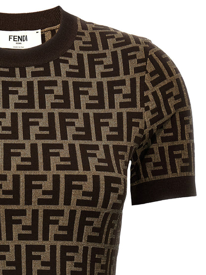 Cardigan Fendi De Algodón Marrón - Acabado Jacquard Sutil
