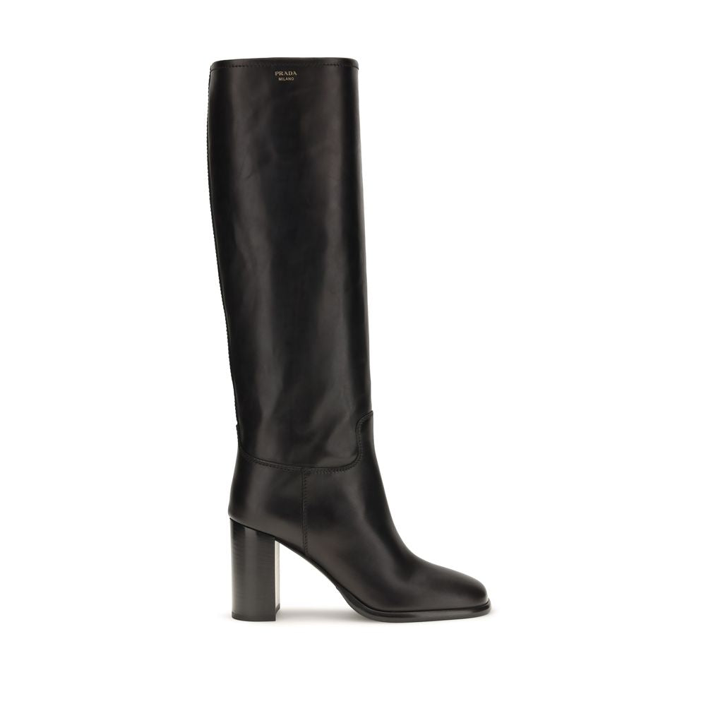 Prada Bottes à Talon Haut en Cuir de Veau Noir Modèle Bos Taurus