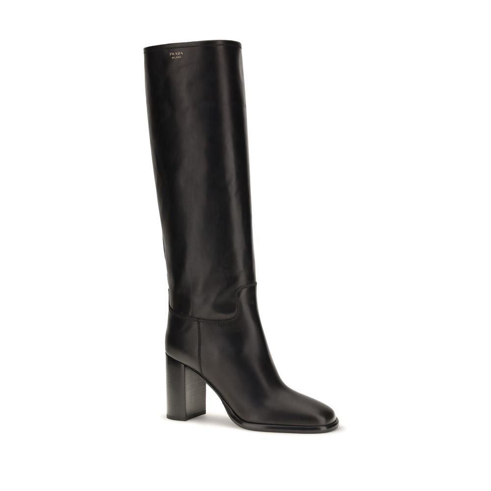 Prada Bottes à Talon Haut en Cuir de Veau Noir Modèle Bos Taurus