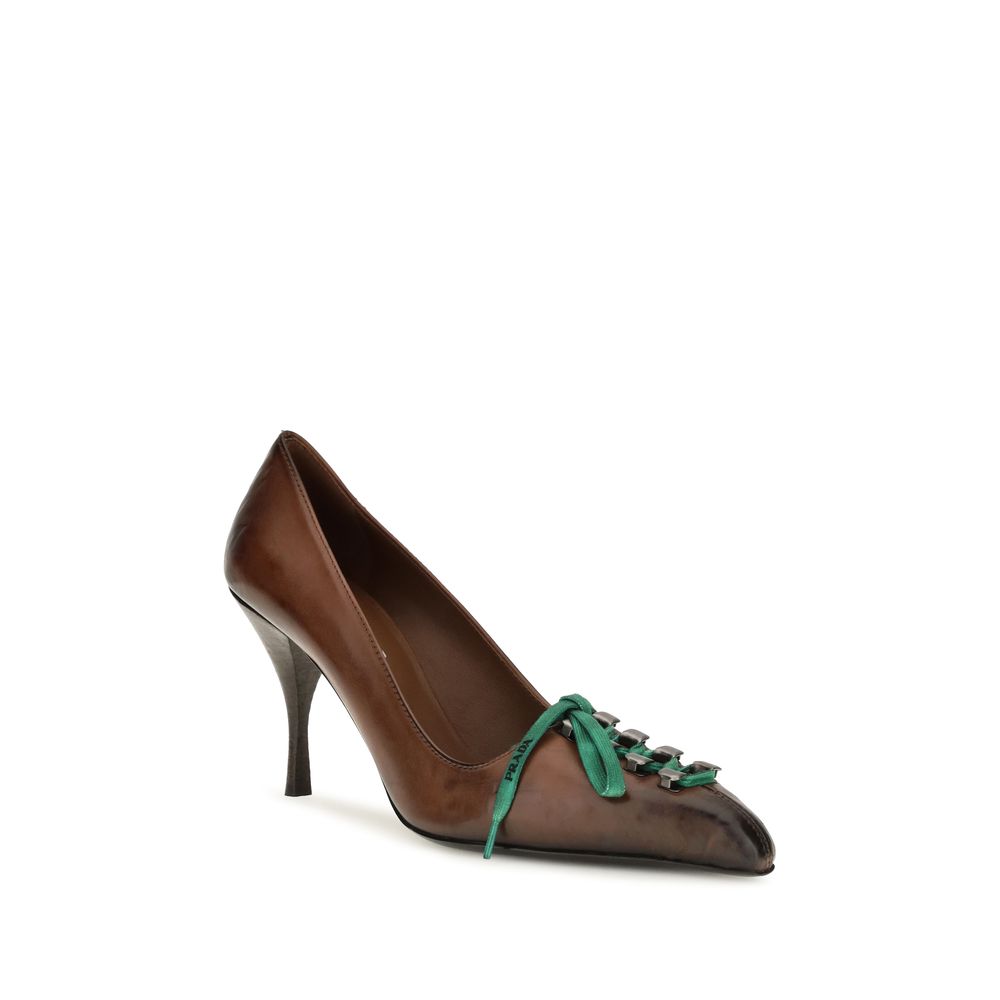 Prada Bos Taurus Brown Calf Leather Lace-Up Pumps