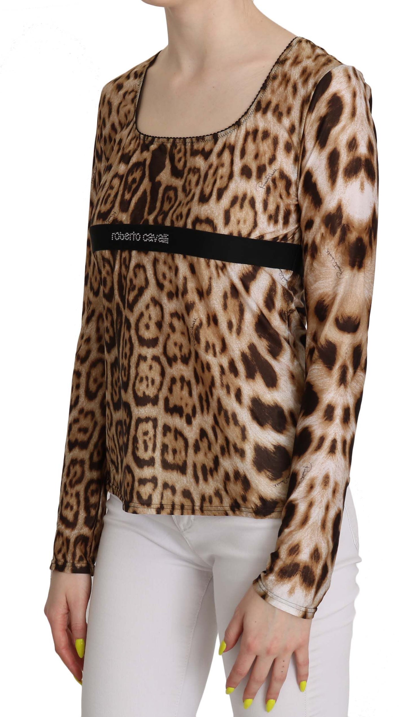 Blusa de mujer Roberto Cavalli de leopardo marrón con cuello redondo