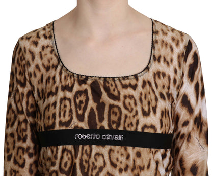 Blusa de mujer Roberto Cavalli de leopardo marrón con cuello redondo