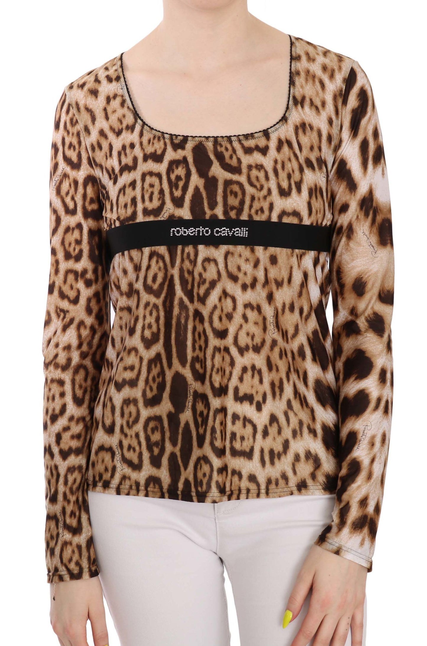 Blusa de mujer Roberto Cavalli de leopardo marrón con cuello redondo