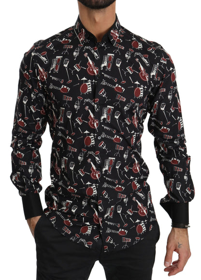 Camisa Dolce & Gabbana negra entallada con estampado de instrumentos musicales