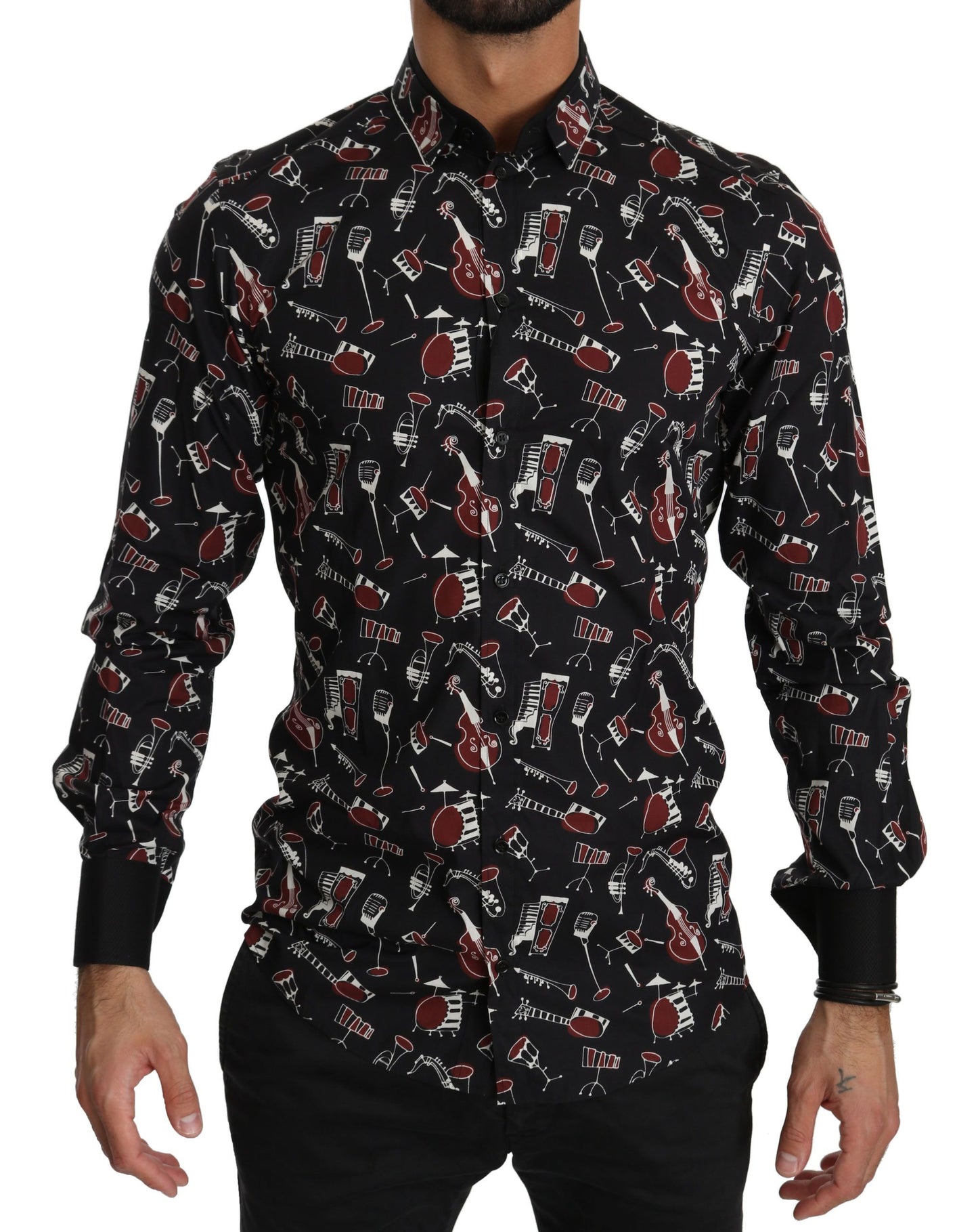 Camisa Dolce & Gabbana negra entallada con estampado de instrumentos musicales