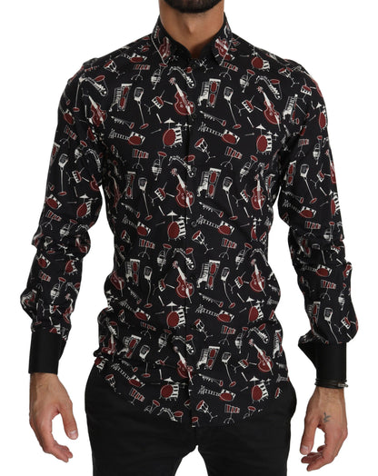 Camisa Dolce & Gabbana negra entallada con estampado de instrumentos musicales