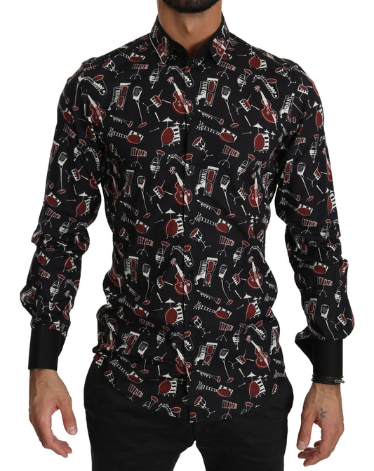 Camisa Dolce & Gabbana negra entallada con estampado de instrumentos musicales
