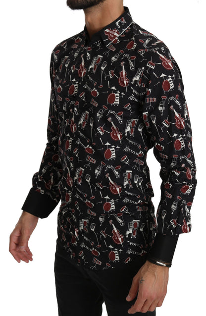 Camisa Dolce & Gabbana negra entallada con estampado de instrumentos musicales