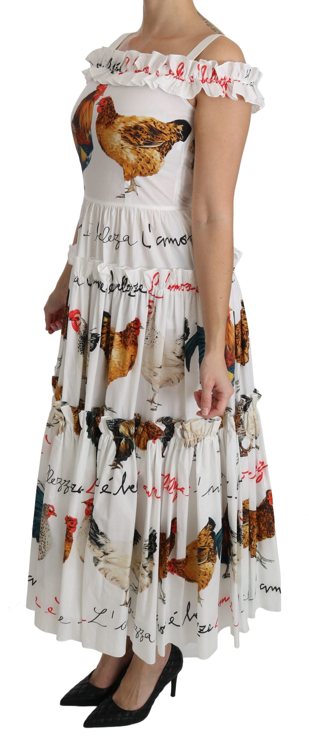 Vestido midi tubo de algodón blanco con estampado de gallo de Dolce & Gabbana