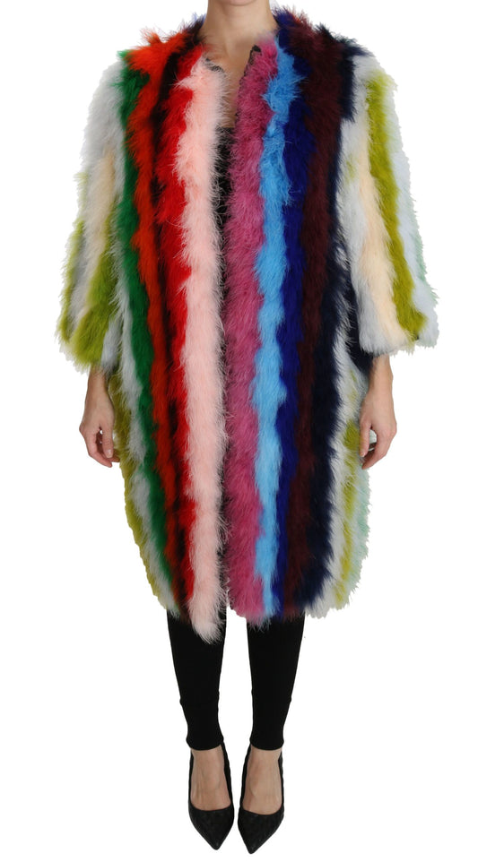 Abrigo de piel con capa de plumas de pavo multicolor Dolce & Gabbana