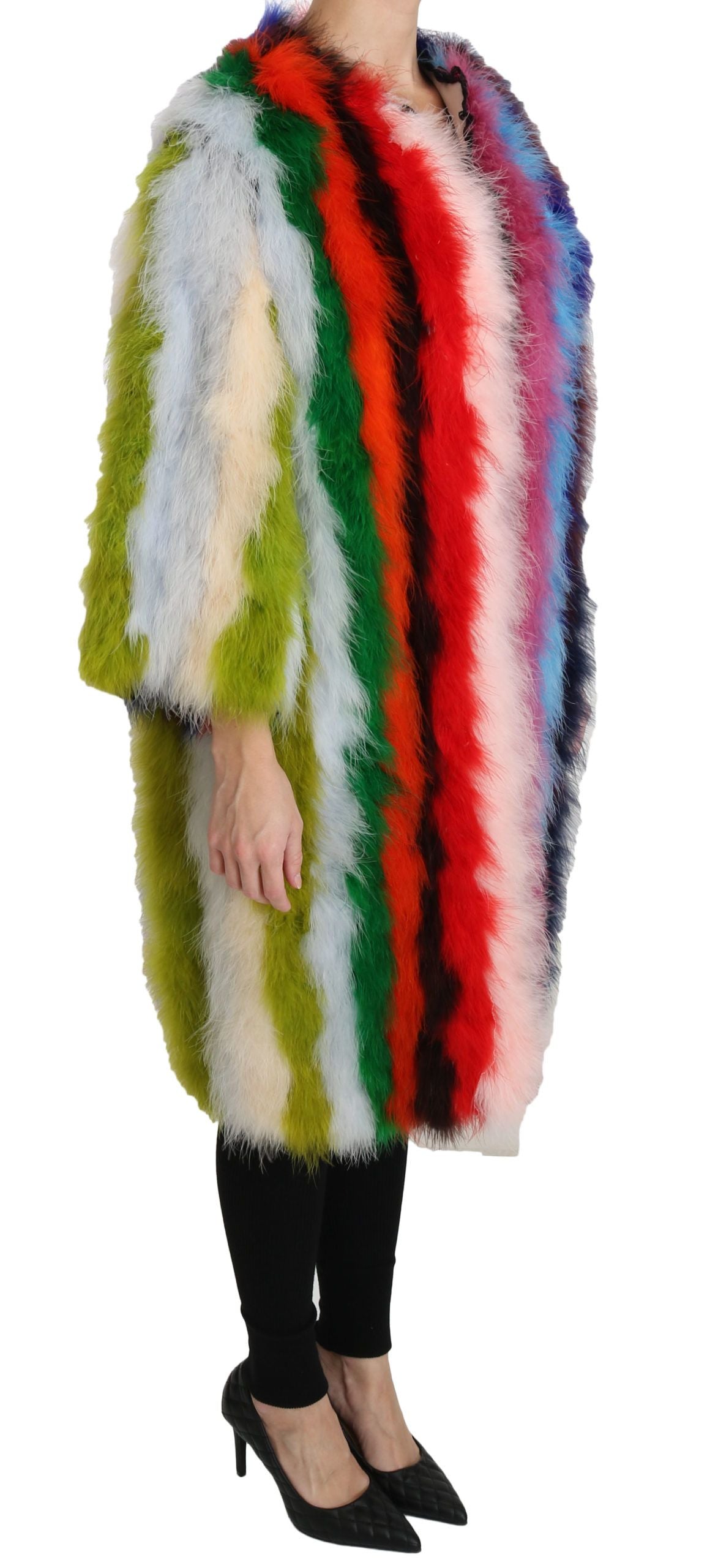 Abrigo de piel con capa de plumas de pavo multicolor Dolce & Gabbana