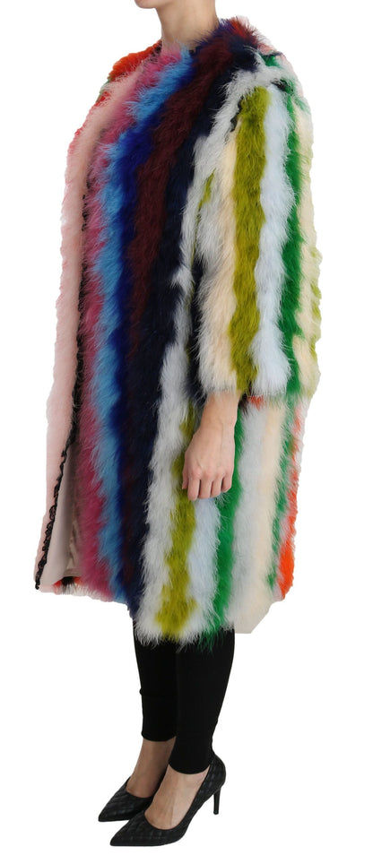 Abrigo de piel con capa de plumas de pavo multicolor Dolce & Gabbana