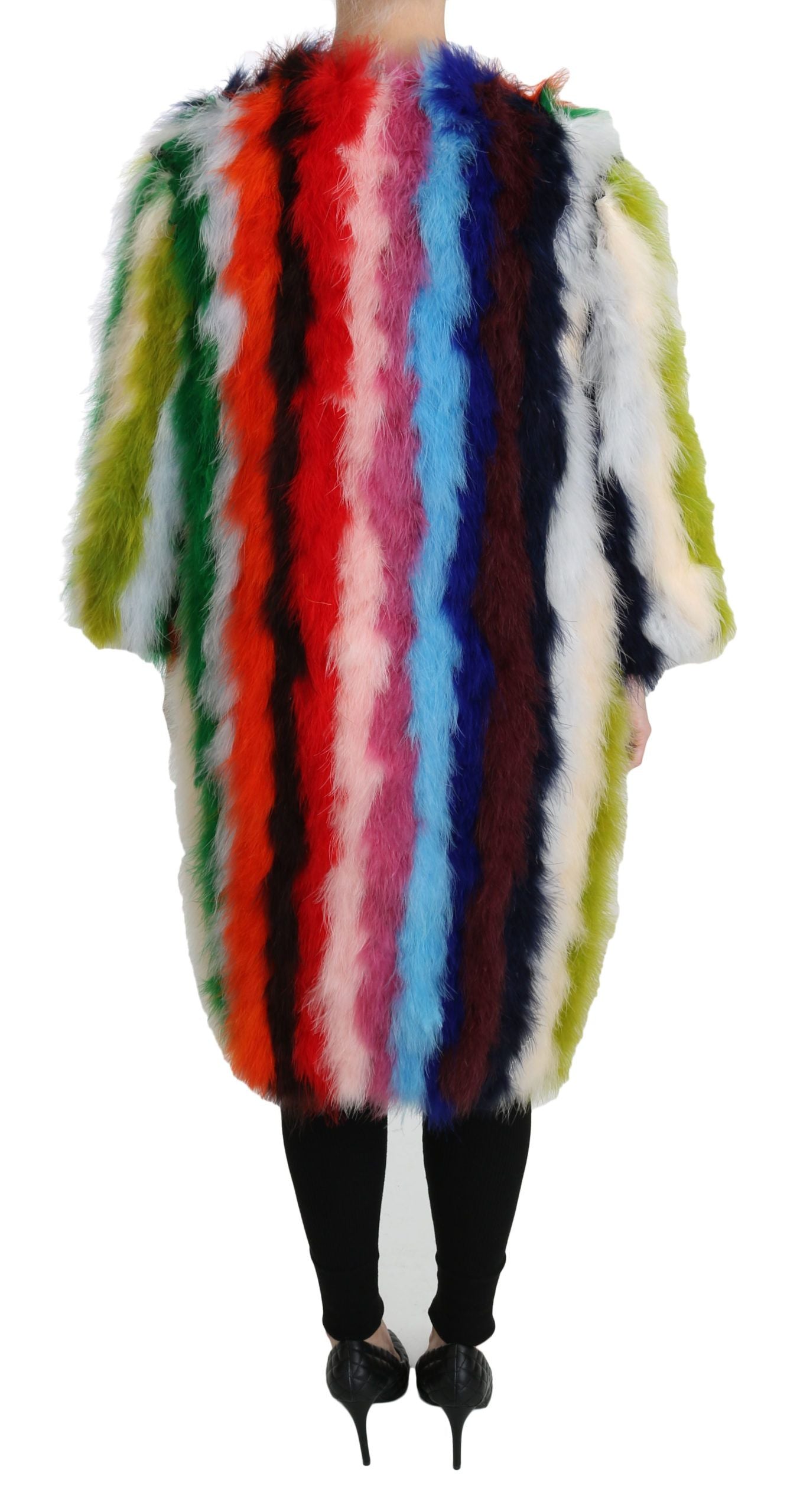 Abrigo de piel con capa de plumas de pavo multicolor Dolce & Gabbana