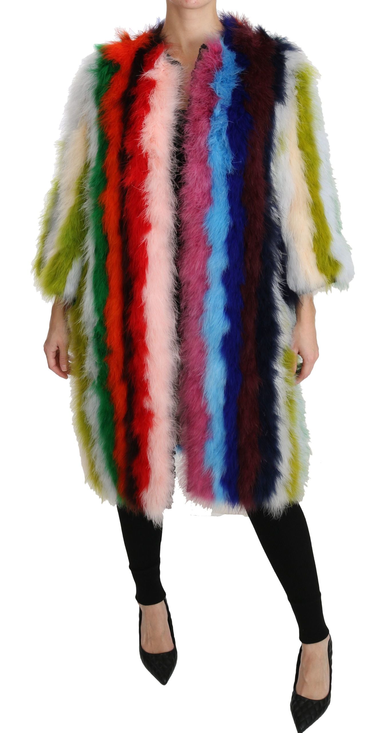 Abrigo de piel con capa de plumas de pavo multicolor Dolce & Gabbana