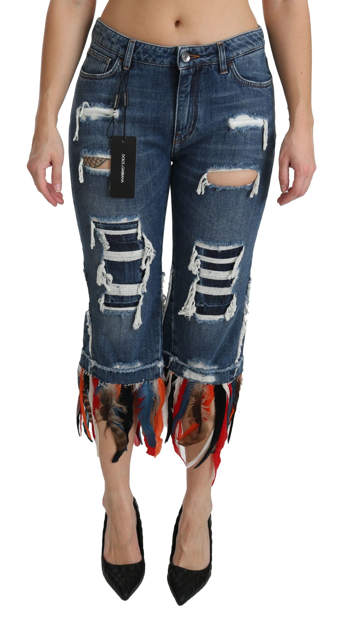 Dolce & Gabbana Vaqueros de algodón de tiro bajo cropped con estampado de plumas azules
