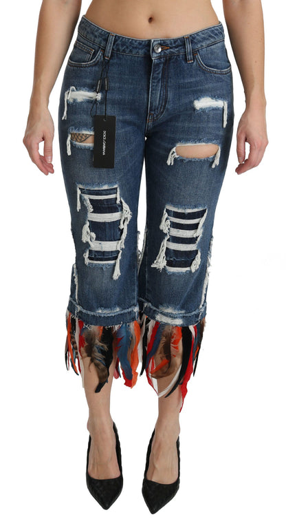 Dolce & Gabbana Vaqueros de algodón de tiro bajo cropped con estampado de plumas azules