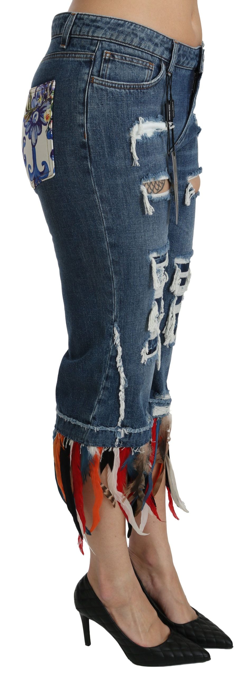Dolce & Gabbana Vaqueros de algodón de tiro bajo cropped con estampado de plumas azules