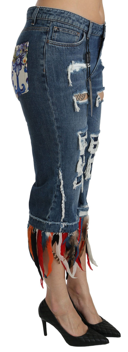Dolce & Gabbana Vaqueros de algodón de tiro bajo cropped con estampado de plumas azules