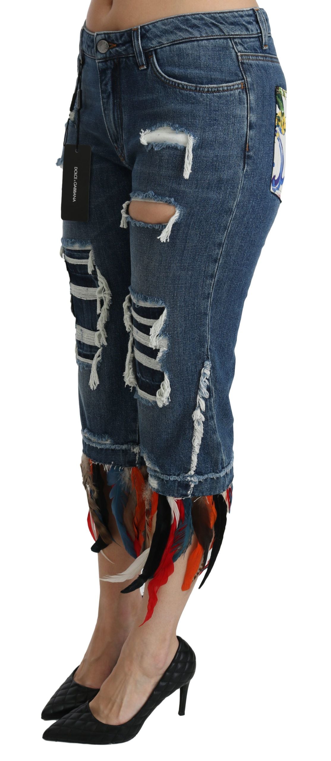Dolce & Gabbana Vaqueros de algodón de tiro bajo cropped con estampado de plumas azules