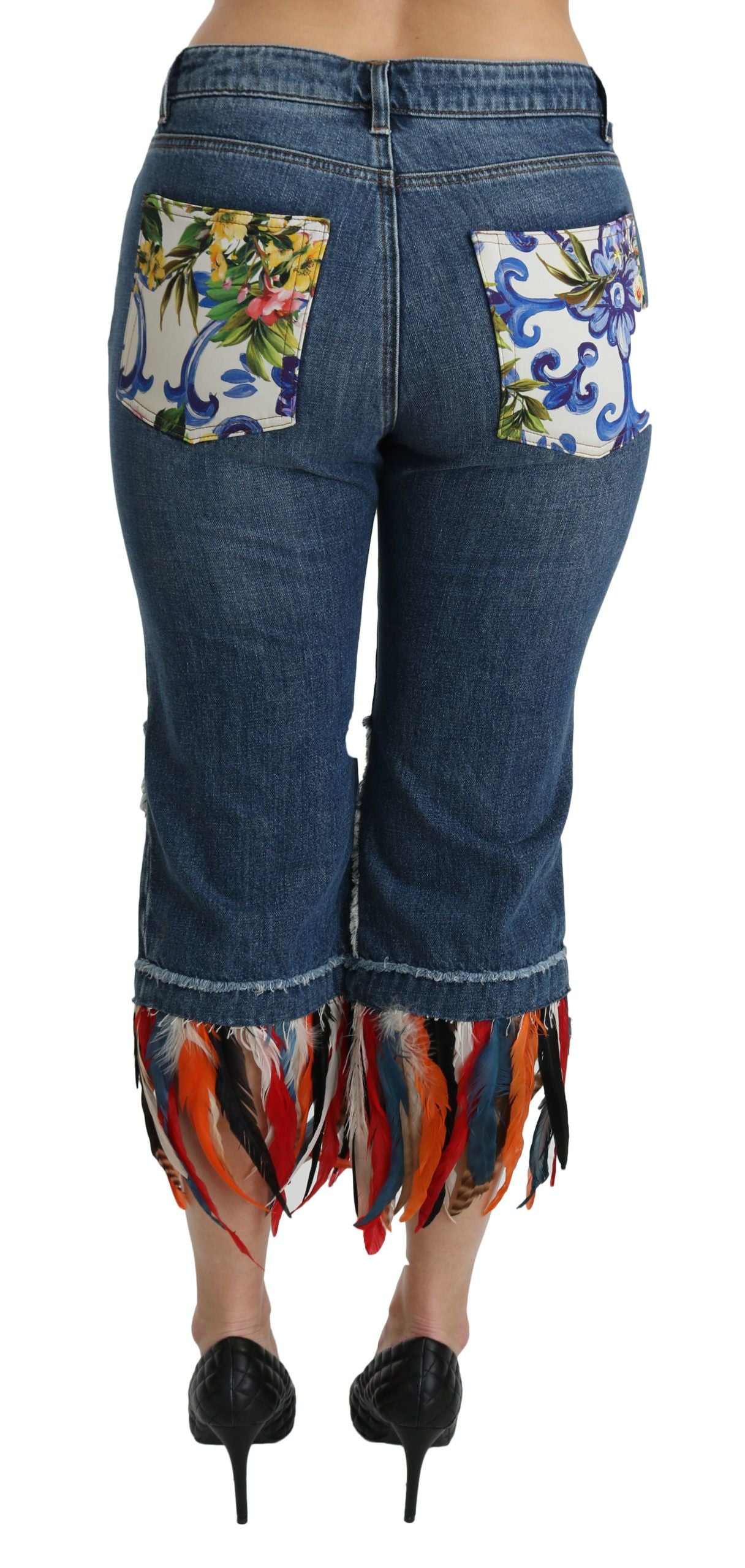 Dolce & Gabbana Vaqueros de algodón de tiro bajo cropped con estampado de plumas azules