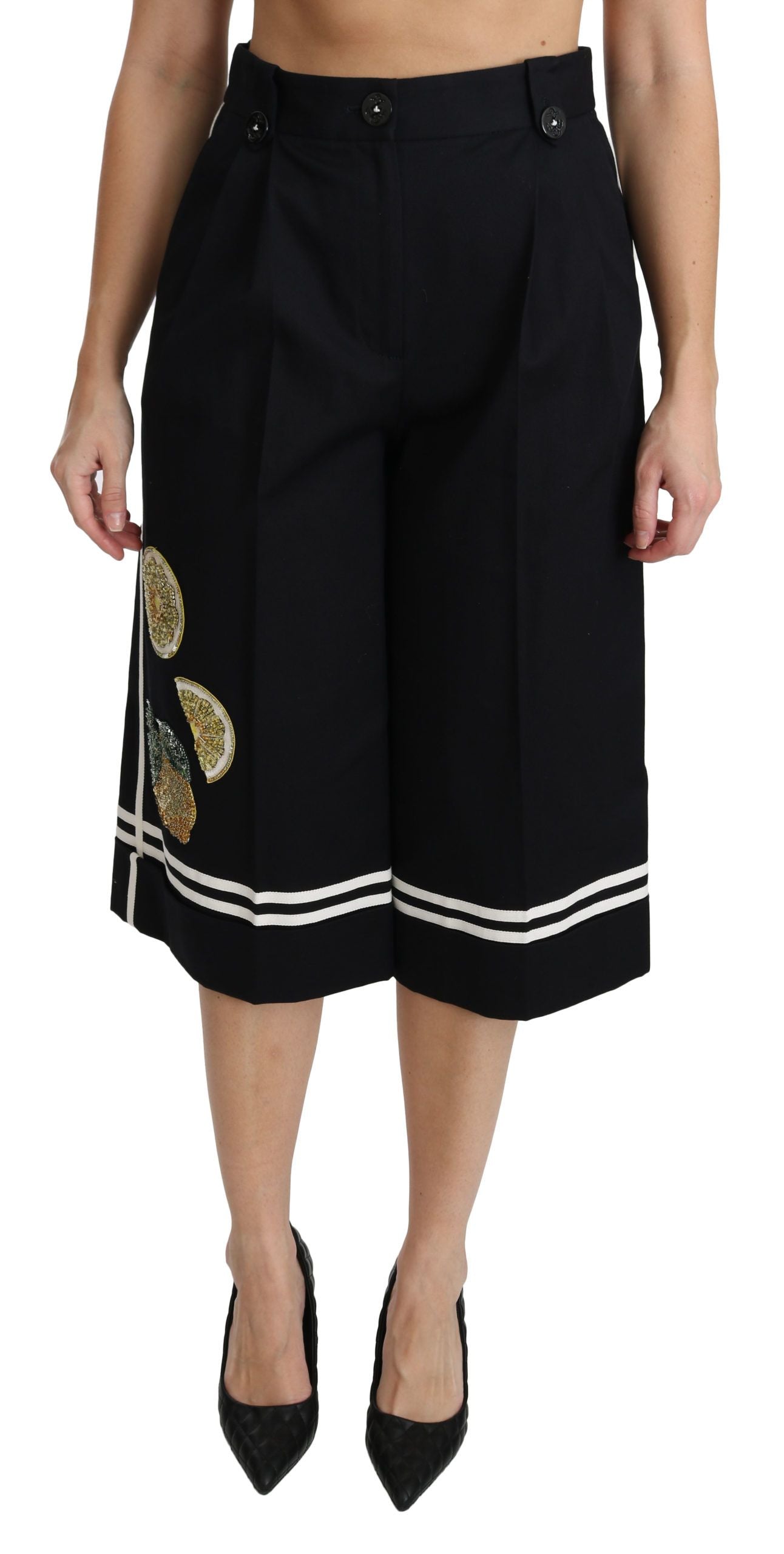 Pantalones Palazzo Cortos Negros Dolce & Gabbana con Limones y Adornos