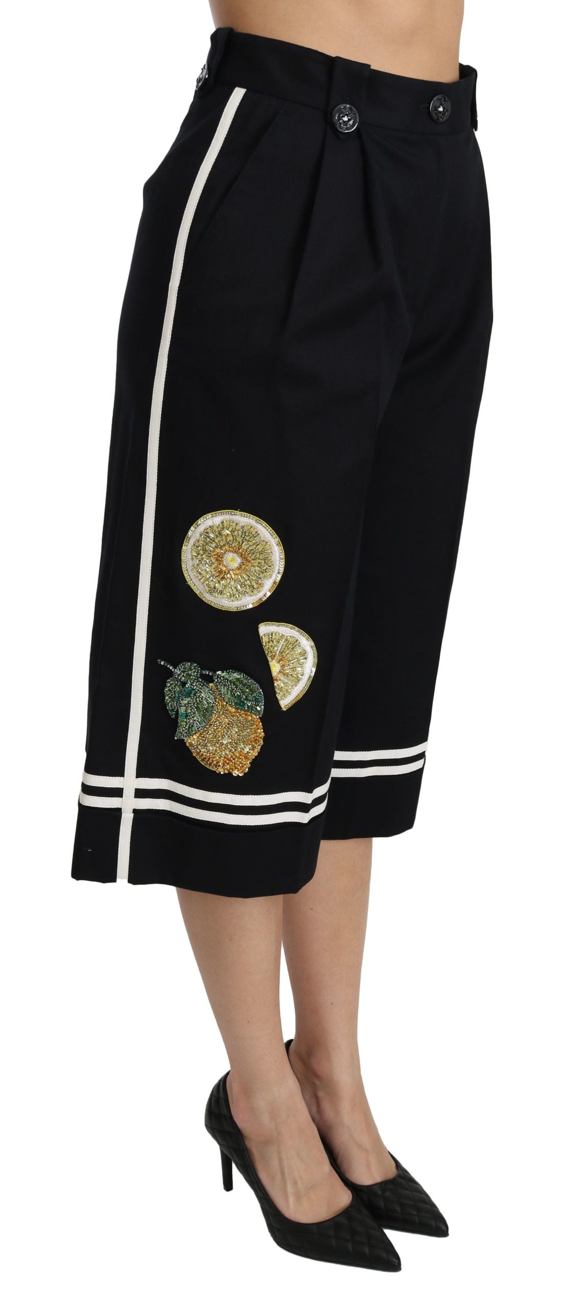 Pantalones Palazzo Cortos Negros Dolce & Gabbana con Limones y Adornos
