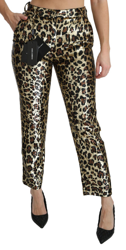 Pantalones de tiro alto con lentejuelas y estampado de leopardo marrones de Dolce & Gabbana