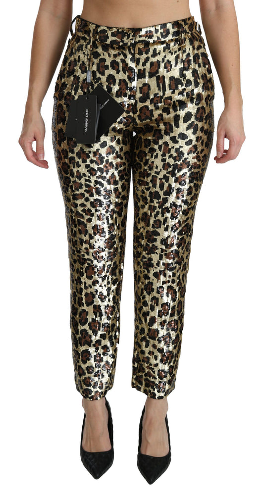 Pantalones de tiro alto con lentejuelas y estampado de leopardo marrones de Dolce & Gabbana