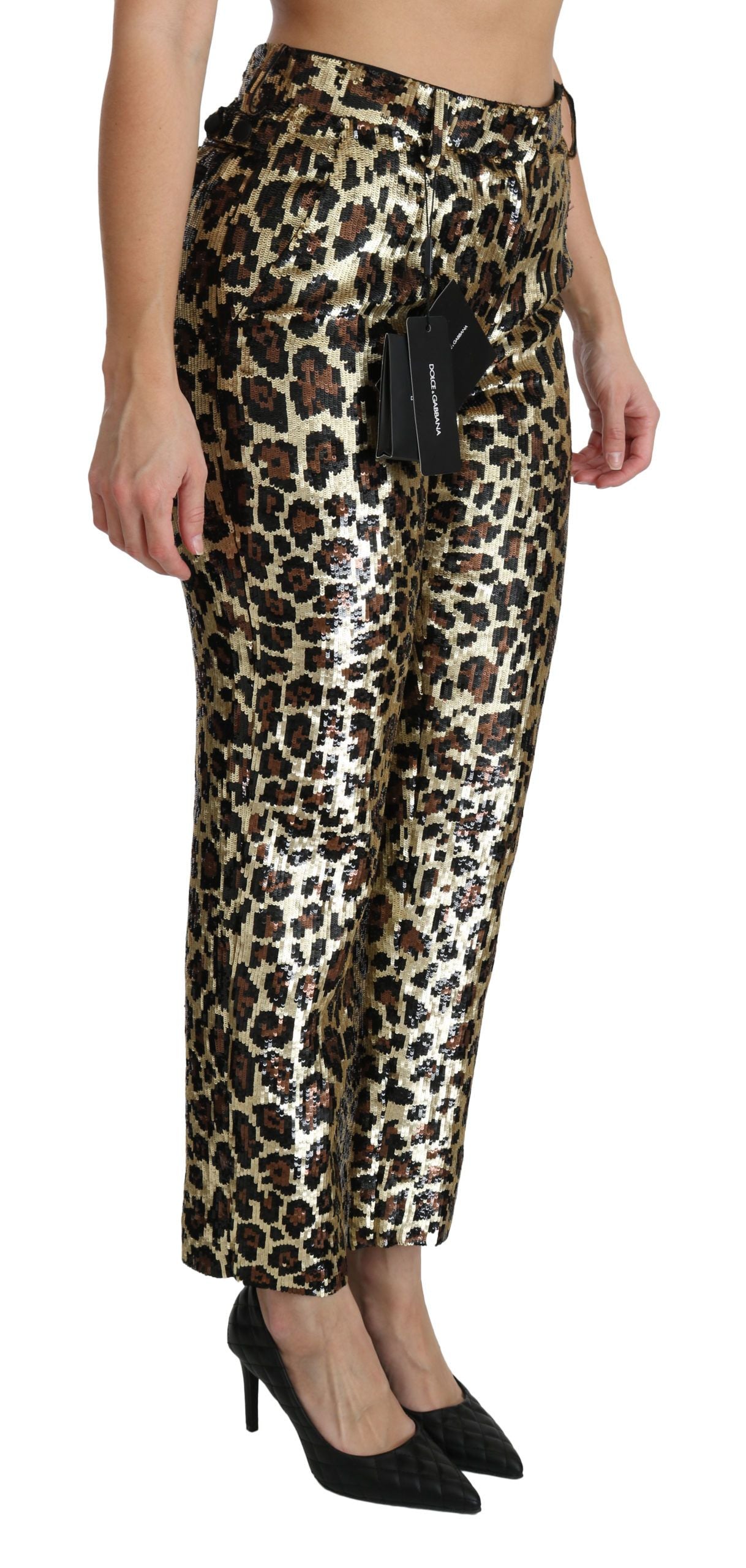 Pantalones de tiro alto con lentejuelas y estampado de leopardo marrones de Dolce & Gabbana