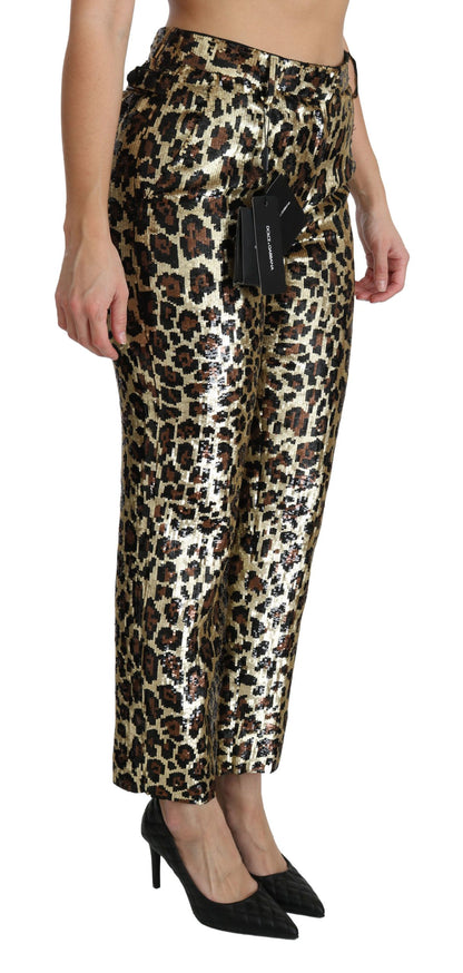 Pantalones de tiro alto con lentejuelas y estampado de leopardo marrones de Dolce & Gabbana