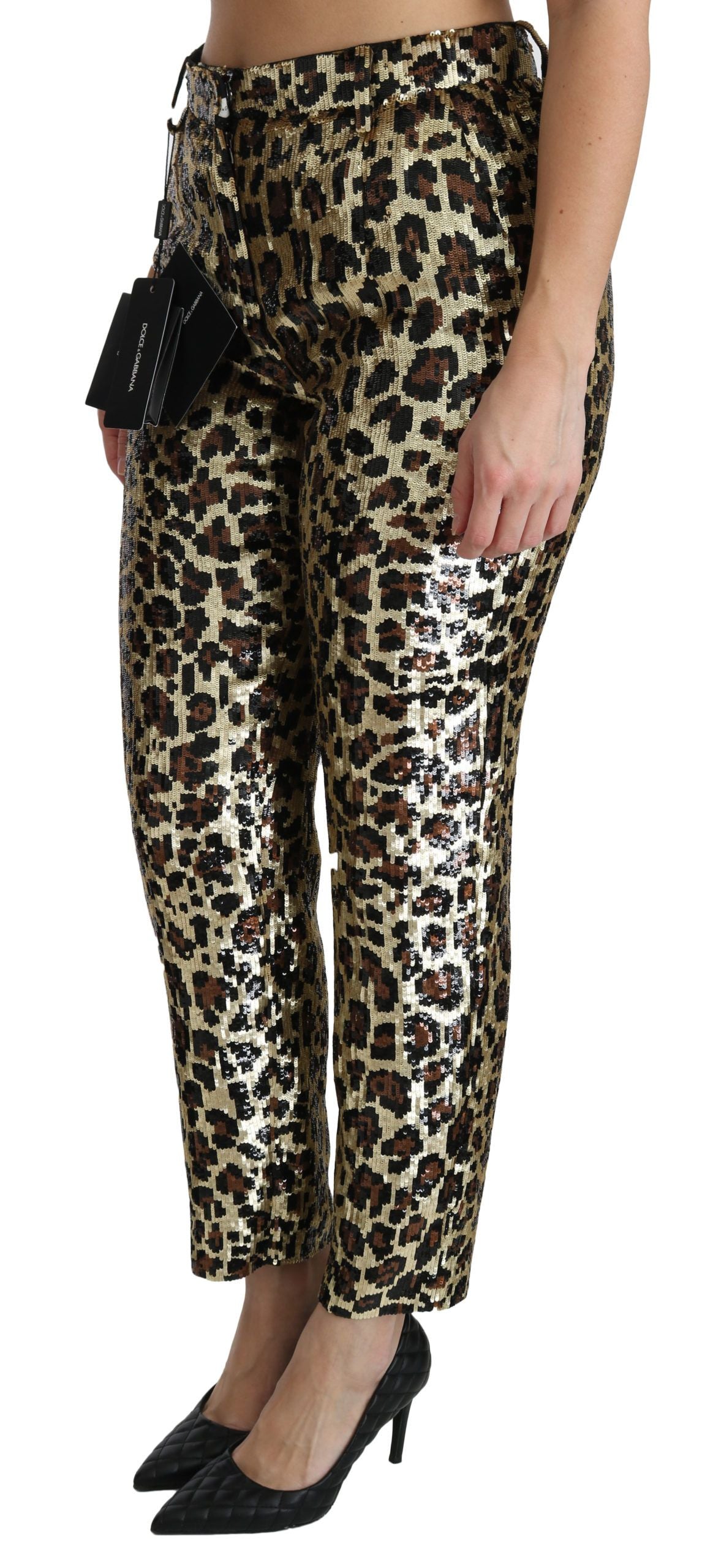 Pantalones de tiro alto con lentejuelas y estampado de leopardo marrones de Dolce & Gabbana