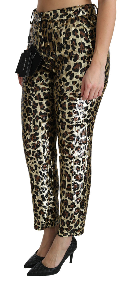 Pantalones de tiro alto con lentejuelas y estampado de leopardo marrones de Dolce & Gabbana