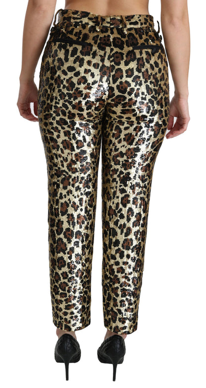 Pantalones de tiro alto con lentejuelas y estampado de leopardo marrones de Dolce & Gabbana