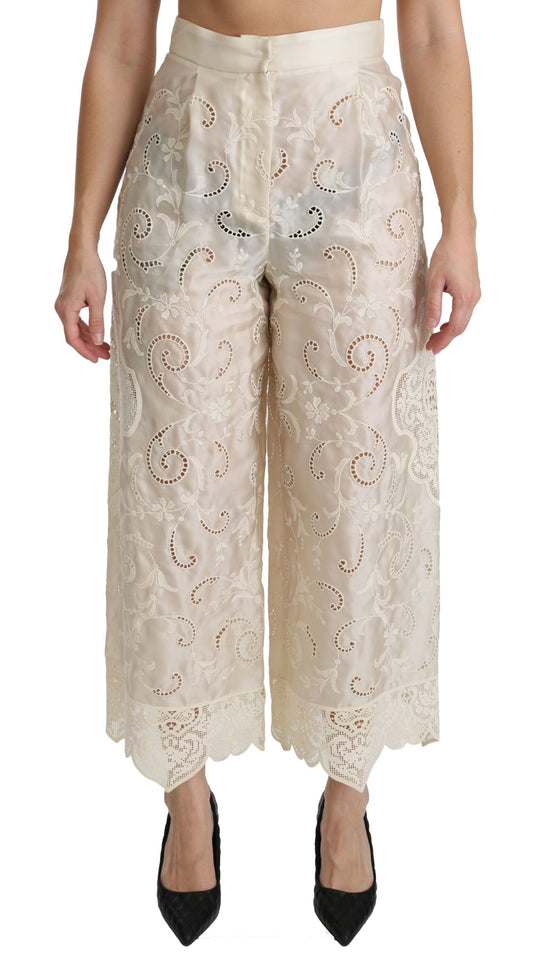 Pantalones palazzo cropped de tiro alto de encaje crema de Dolce & Gabbana