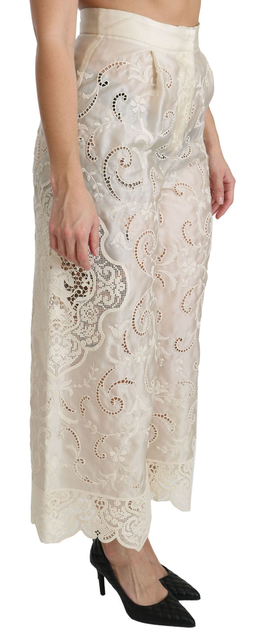 Pantalones palazzo cropped de tiro alto de encaje crema de Dolce & Gabbana