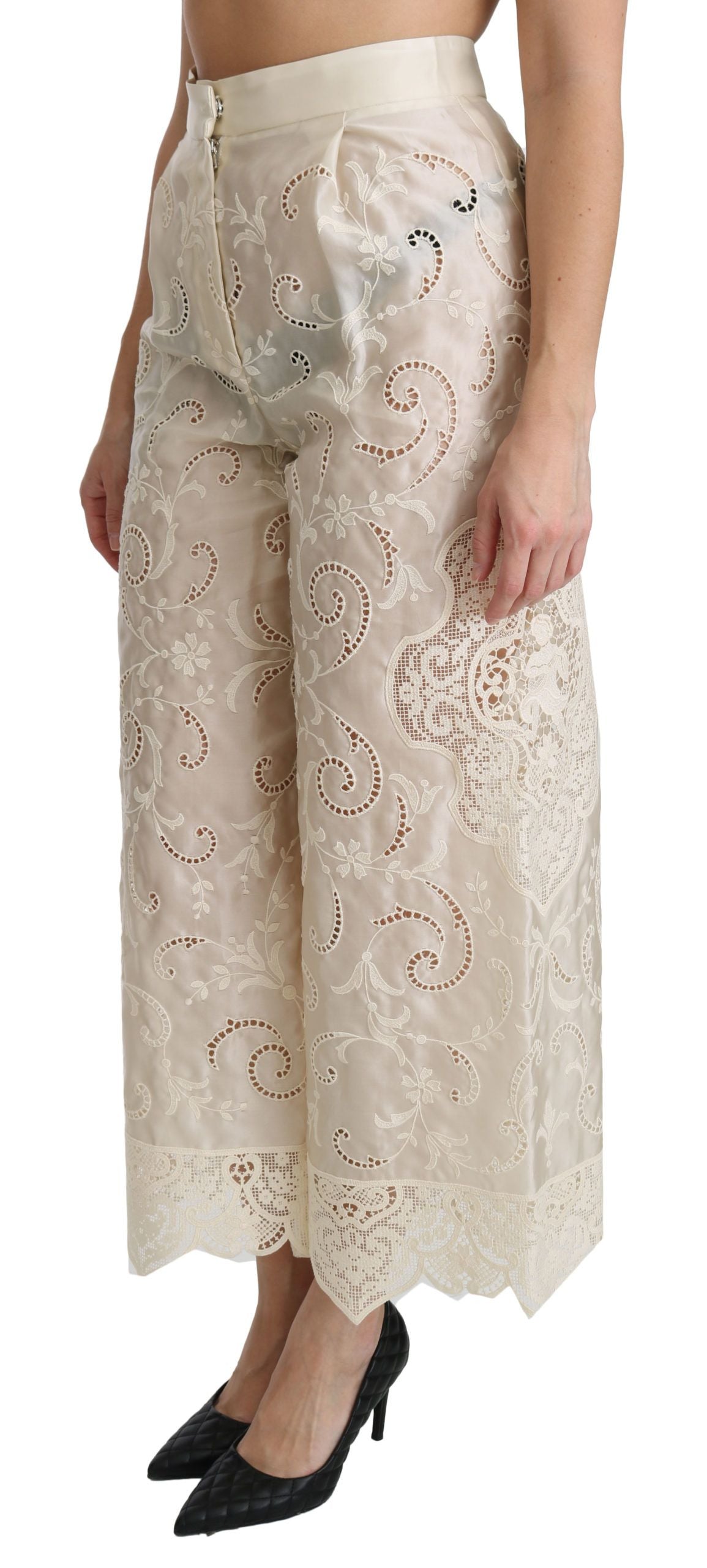Pantalones palazzo cropped de tiro alto de encaje crema de Dolce & Gabbana