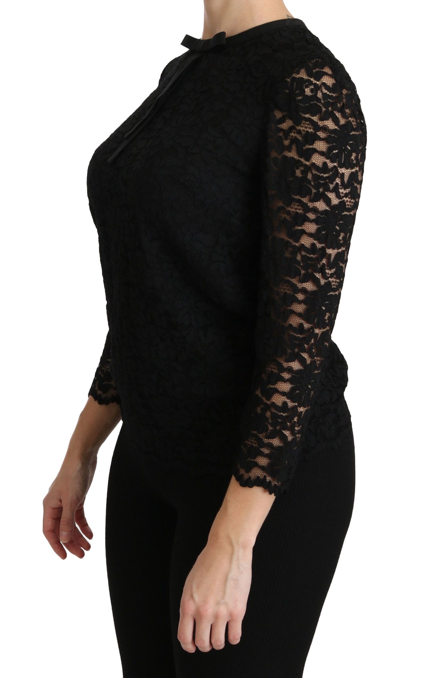 Blusa de nailon de encaje negro de manga larga de Dolce & Gabbana