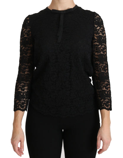 Blusa de nailon de encaje negro de manga larga de Dolce & Gabbana