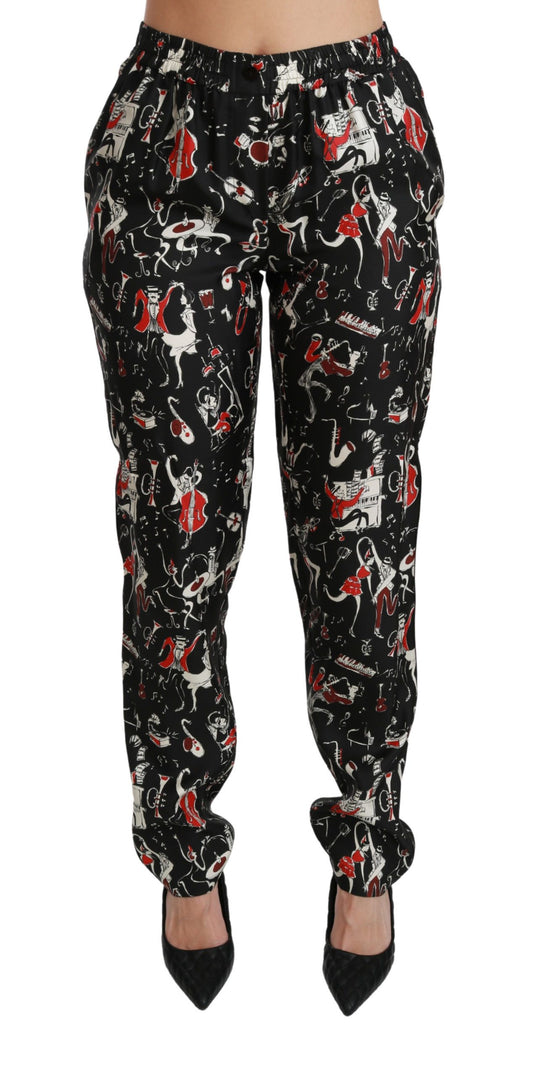 Pantalones de seda negros de talle medio con diseño de instrumentos de Dolce & Gabbana