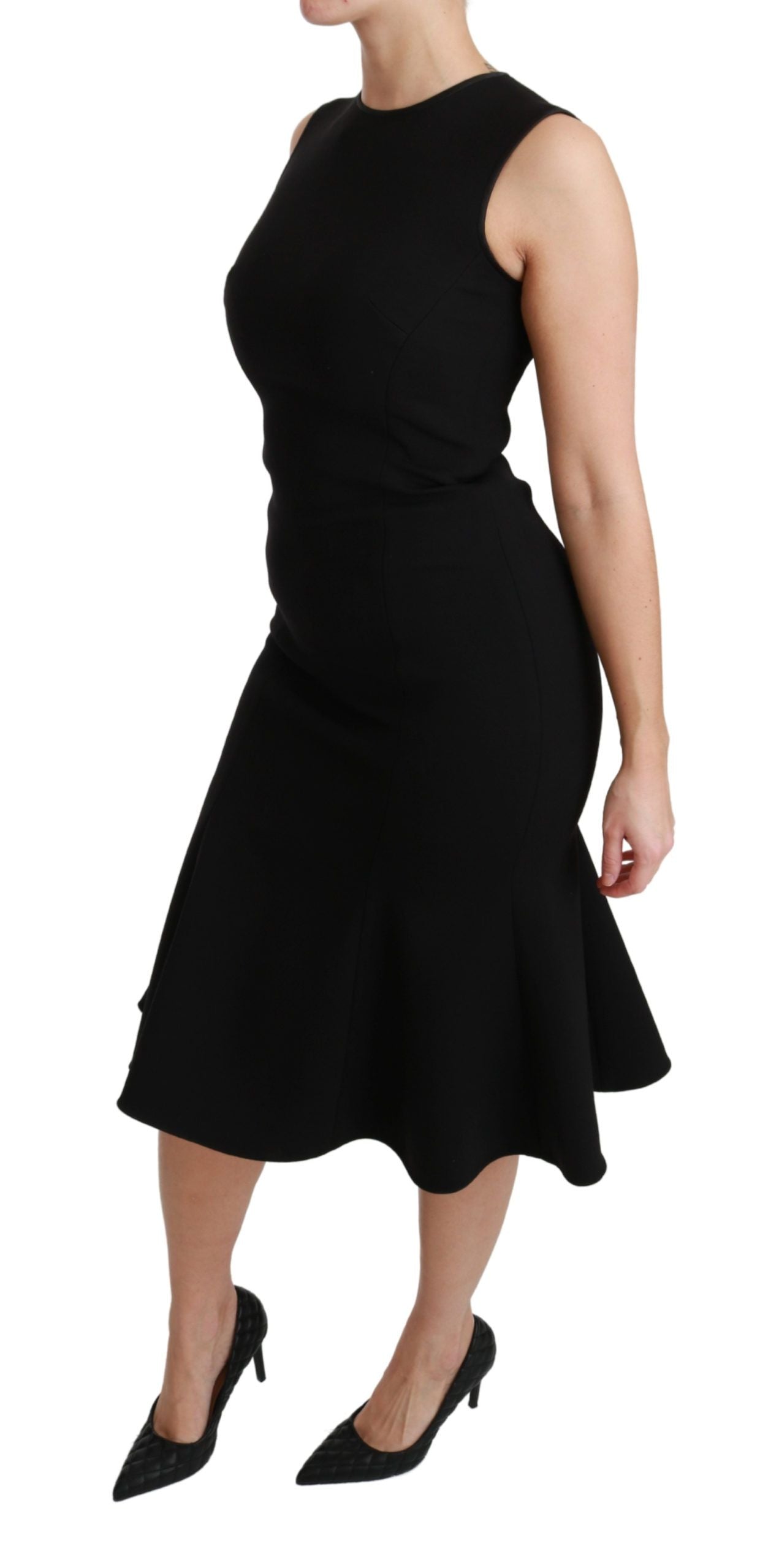 Vestido de tubo de lana elástica con vuelo y corte entallado en negro de Dolce & Gabbana
