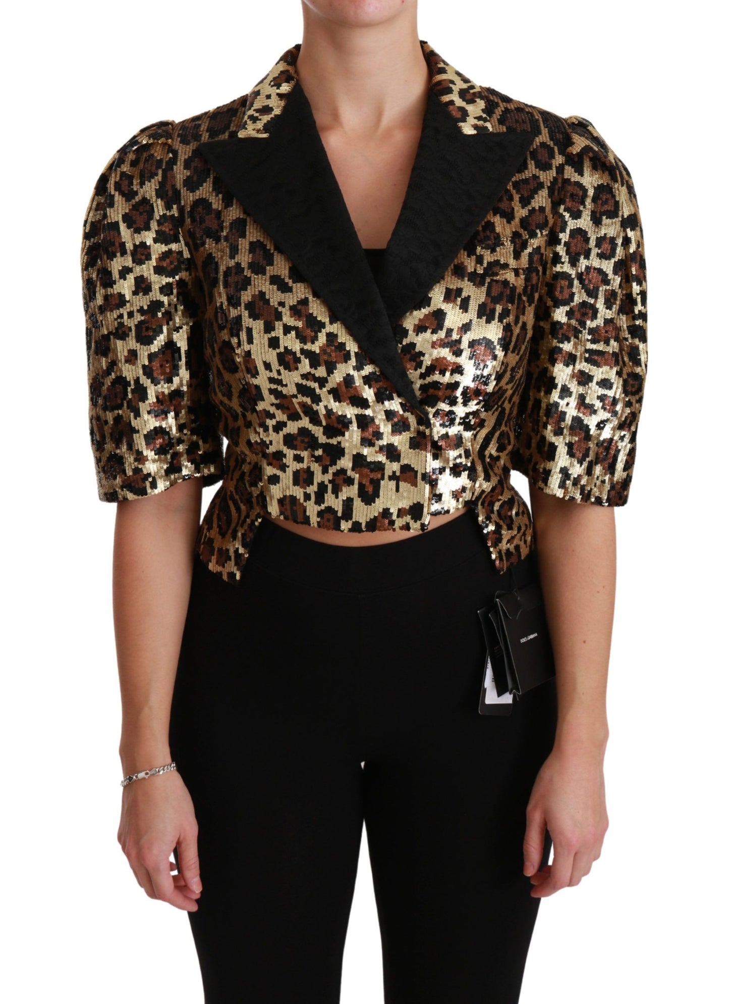 Blazer Dolce & Gabbana Chaqueta Dorada de Lentejuelas con Estampado de Leopardo