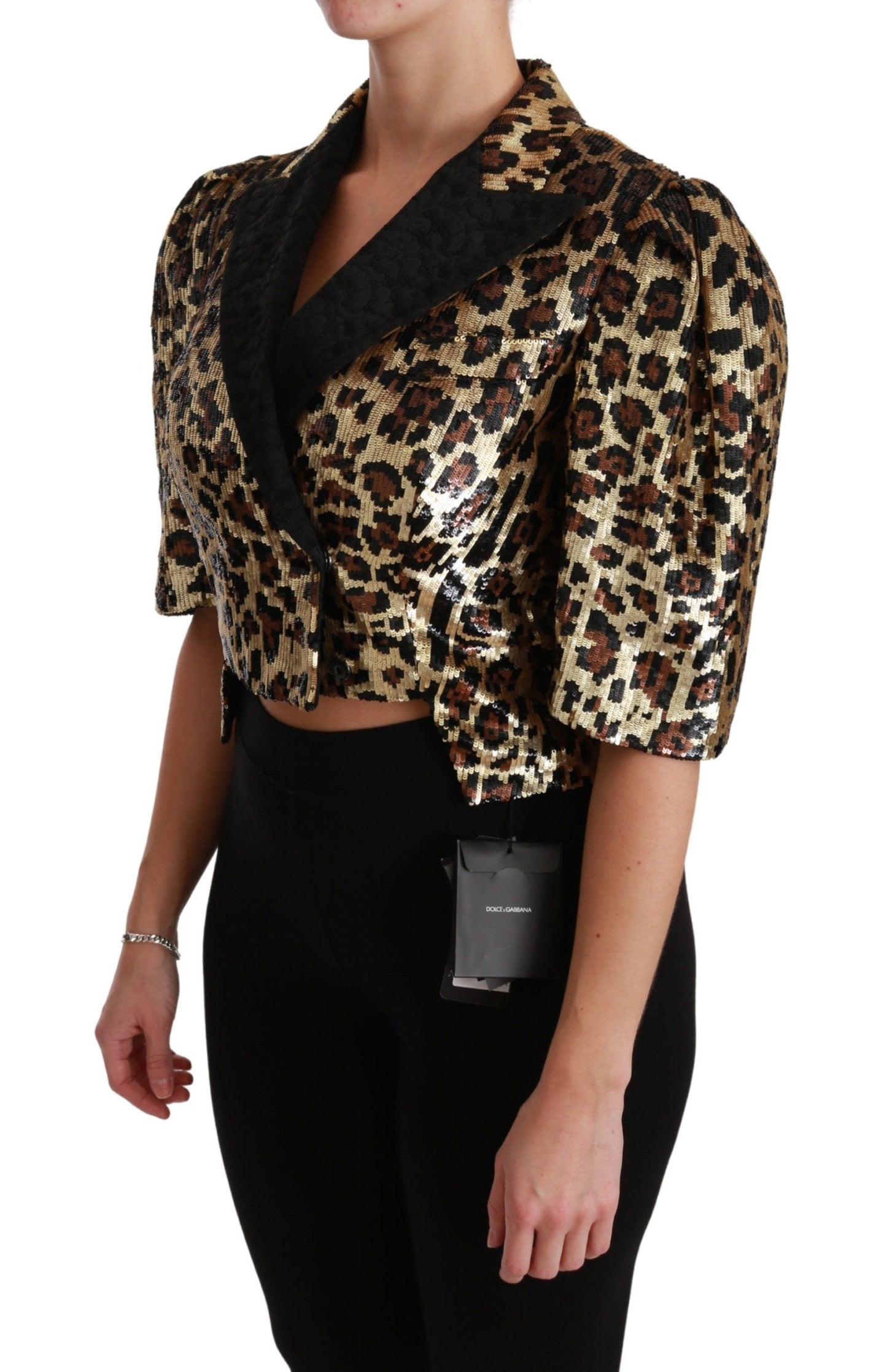 Blazer Dolce & Gabbana Chaqueta Dorada de Lentejuelas con Estampado de Leopardo