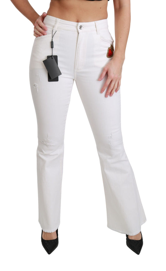 Pantalones de Algodón Elástico Acampanados con Corazones Blancos de Dolce & Gabbana