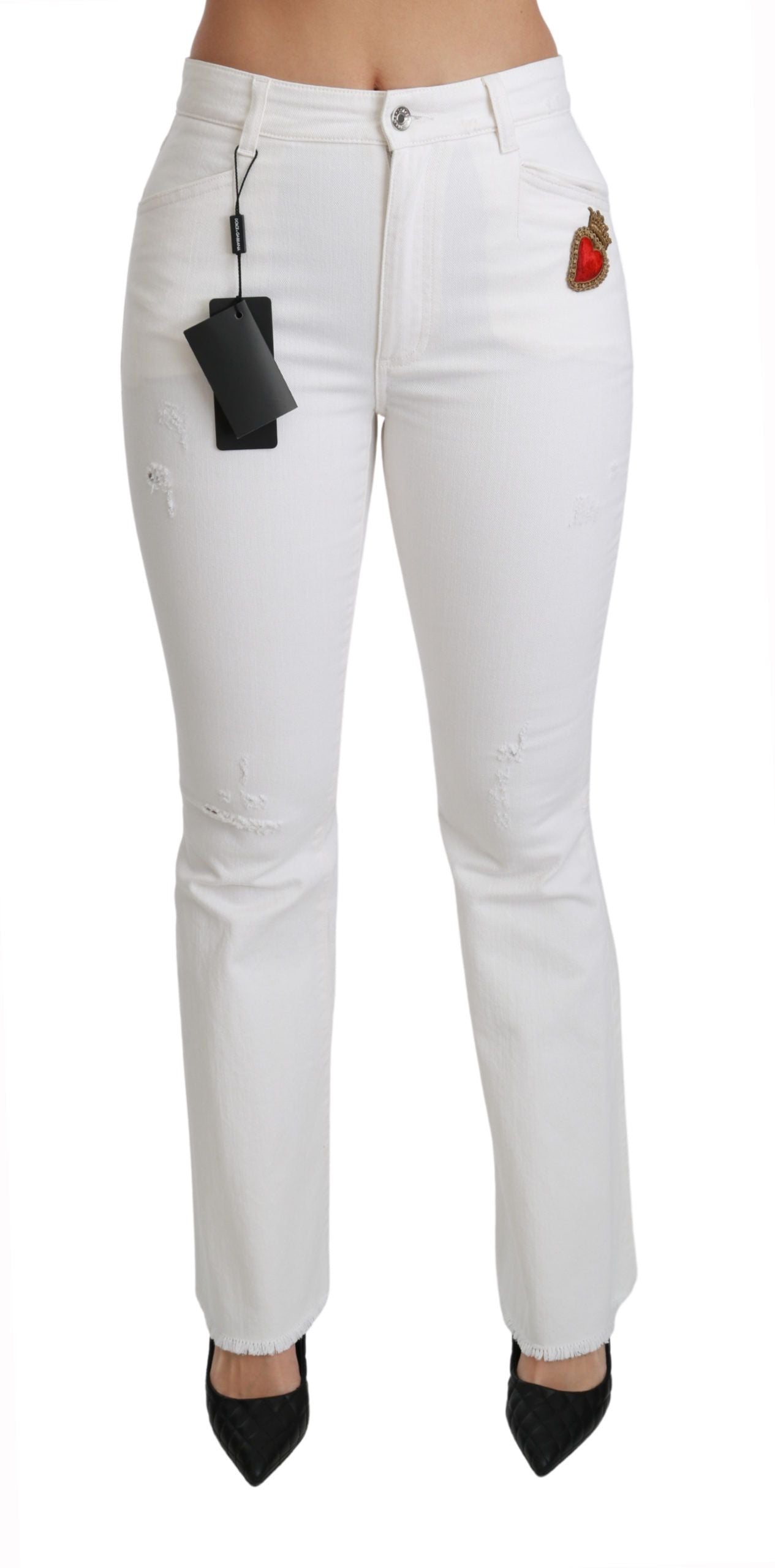 Pantalones de Algodón Elástico Acampanados con Corazones Blancos de Dolce & Gabbana