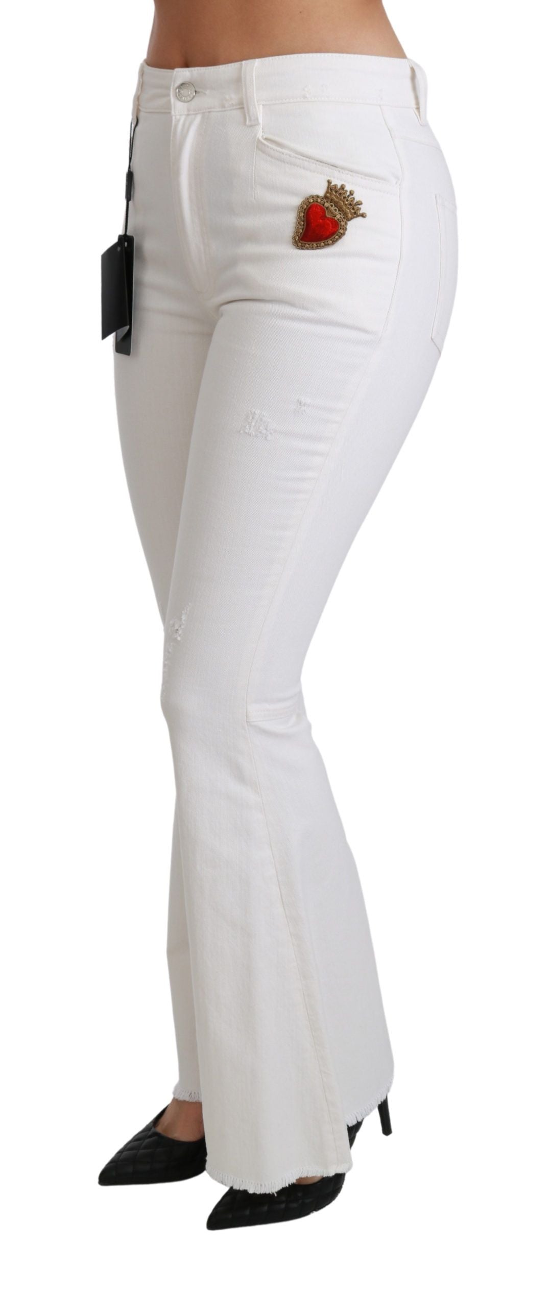 Pantalones de Algodón Elástico Acampanados con Corazones Blancos de Dolce & Gabbana