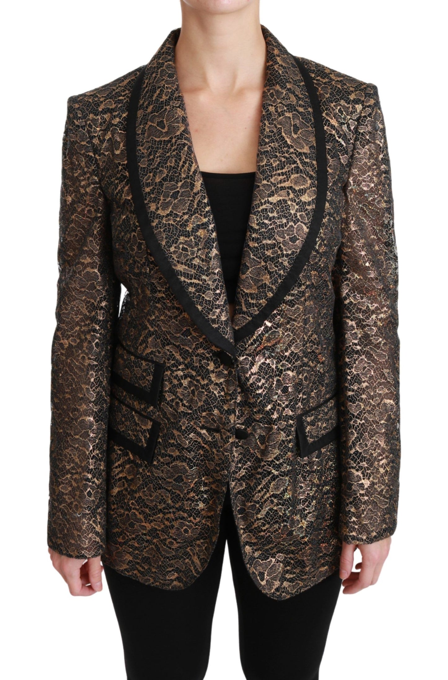 Dolce & Gabbana Americana Negra Dorada de Encaje Abrigo Chaqueta Floral
