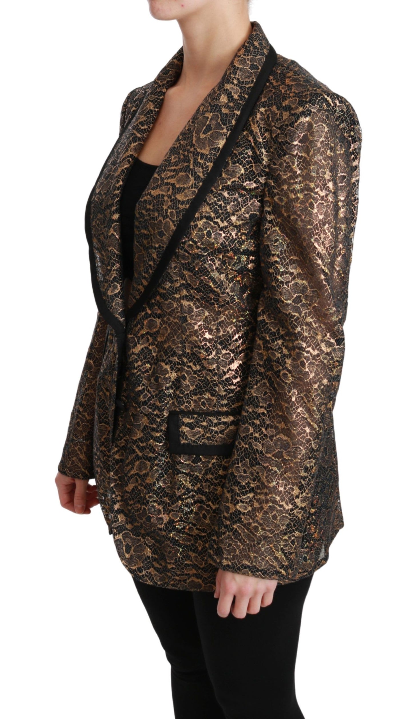 Dolce & Gabbana Americana Negra Dorada de Encaje Abrigo Chaqueta Floral